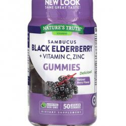 Nature's Truth Vitamins Sambucus Black Elderberry Plus Vitamin C, Zinc 50 Gummies วิตามินกัมมี่เม็ดเคี้ยว รสเบอรืรี่ ช่วยเสริมภูมิคุ้มกันให้แก่ร่างกาย ต้านการอักเสบภายใน สร้างความแข็งแรงให้หลอดเลือด บำรุงสายตา สมอง และหัวใจ ลดอาการแพ้ต่างๆ