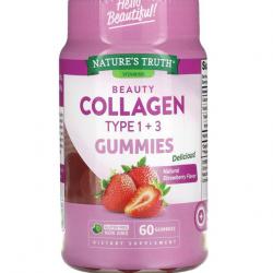 Nature's Truth Vitamins Beauty Collagen GummiesTypes 1 + 3 Natural Strawberry 60 Gummies คอลลาเจนแบบเม็ดเจลลี่กัมมี่ รสสตรอเบอรี่หอมอร่อย เคี้ยวง่าย วันละ 2 เม็ด อร่อย+ มีประโยชน์ เหมาะสำหรับดูแลสุขภาพเส้นผม ผิวหนัง และเล็บ ช่วยบำรุงให้ผิวพรรณของเราด