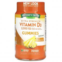 Nature's Truth Vitamins Extra Strength Vitamin D3 2,000 IU 50 MCG Gummies Natural Pineapple 70 Vegetarian Gummies กัมมี่วิตามินดี3 รสสัปปะรด อร่อยทานง่าย มีหน้าที่สำคัญในการกระตุ้นระบบภูมิคุ้มกันของร่างกาย มีส่วนช่วยในการดูดซึมและใช้ประโยชน์ของแคลเซี