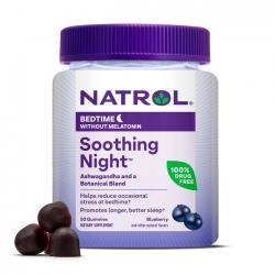 Natrol Gummies Bedtime without Melatonin Soothing Night 50 Blueberry Gummies ของแท้จาก US 100% วิตามินเม็ดกัมมี่ เสริมการนอนหลับอย่างมีประสิทธิภาพ รูปแบบเจลลี่รสบลูเบอร์รี่ ตัวนี้ไม่มีส่วนผสมของเมลาโทนิน แต่ทำมาจาก Ashwagandha และส่วนผสมทางพฤกษาศาสตร์ ที่