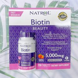 Natrol Biotin Beauty 5000 mcg 250 Fast Dissolve Tablets บำรุงผม ผิวพรรณ เล็บ ขนาด 250 เม็ด วิตามินไบโอตินเข้มข้น 5,000 ไมโครกรัม สำหรับหนังศีรษะบาง ผมร่วงง่าย นี่ค่ะไบโอตินที่จะช่วยเสริมแข็งแรงให้รากผมยึดเกาะเส้นผมของคุณได้ดีขึ้น แบรนด์ดียี่ห้อดังเข้มข้นด