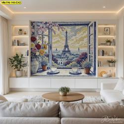 ภาพวิวหอไอเฟลมุมมองจากหน้าต่าง เติมเต็มบรรยากาศห้องนั่งเล่นให้ชวนฝันและอบอุ่นในสไตล์ยุโรป