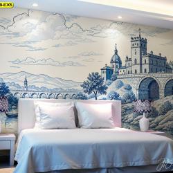 วอลเปเปอร์โทนฟ้าครีม ถ่ายทอดปราสาทยุโรปและสะพานเก่าแก่ สื่อถึงประวัติศาสตร์และความงดงามแบบคลาสสิก