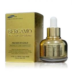 Bergamo Premium Gold Wrinkle Care Ampoule 30ml. เซรั่มสูตรคาร์เวียร์ชนิดพิเศษที่มีส่วนผสมของทองคำบริสุทธิ์เข้มข้นถึง 99.9% ช่วยซ่อมแซมผิวที่หยาบกร้านให้ตึงกระชับ ช่วยลดเลือนริ้วรอย ร่องลึกให้ตื้นขึ้น คืนความอ่อนเยาว์ให้กลับสู่ผิวคุณอีกครั้ง